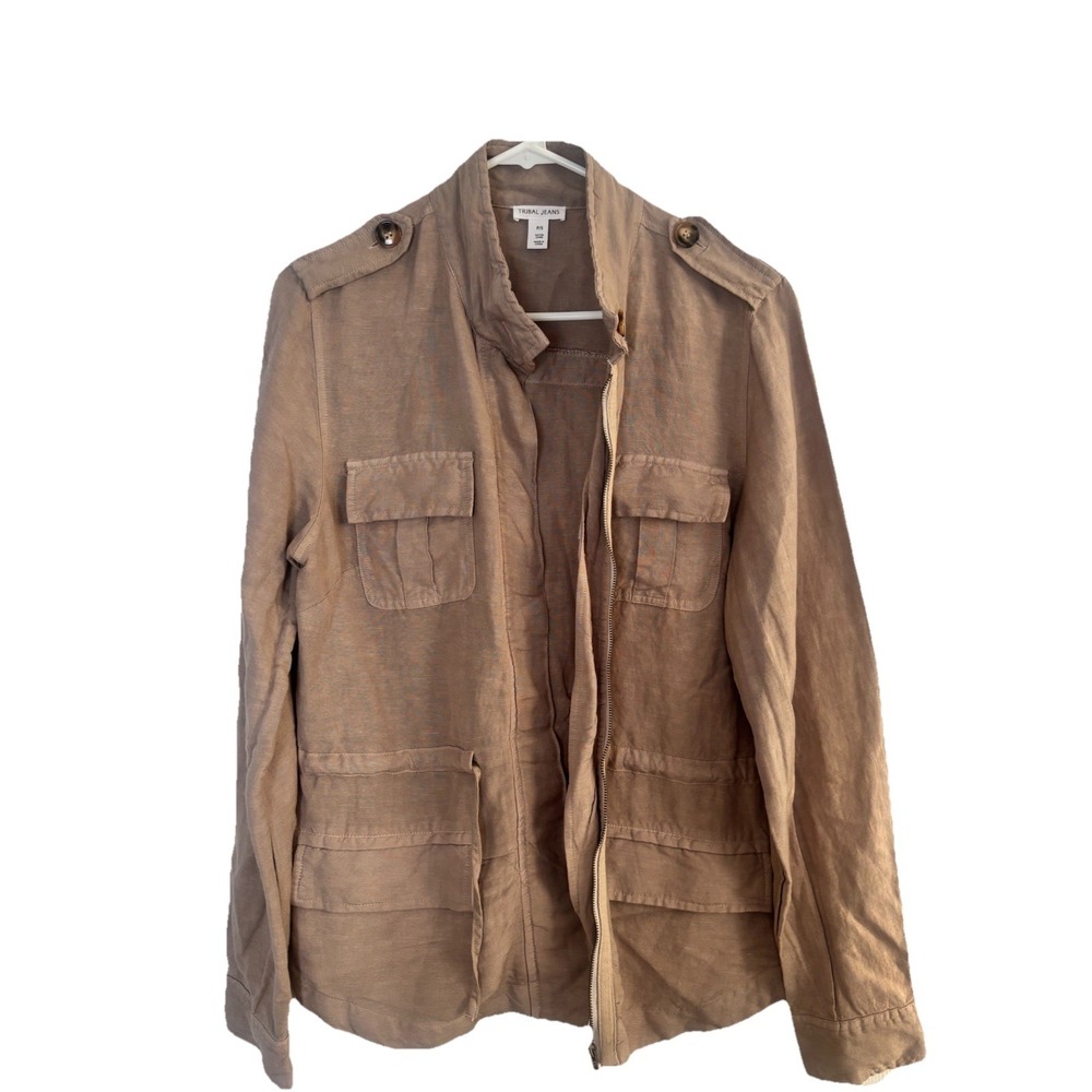 Tribal Jeans Women's Small Beige Tan Linen Blend Utility‎ Field Jacket Safari